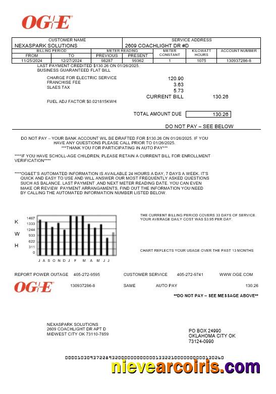 USA Oklahoma OGE Energy business utility bill